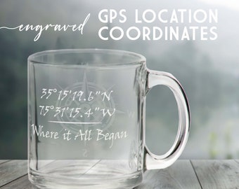 Personalized Custom Engraved GPS Coordinates With Compass Coffee Mug Glass