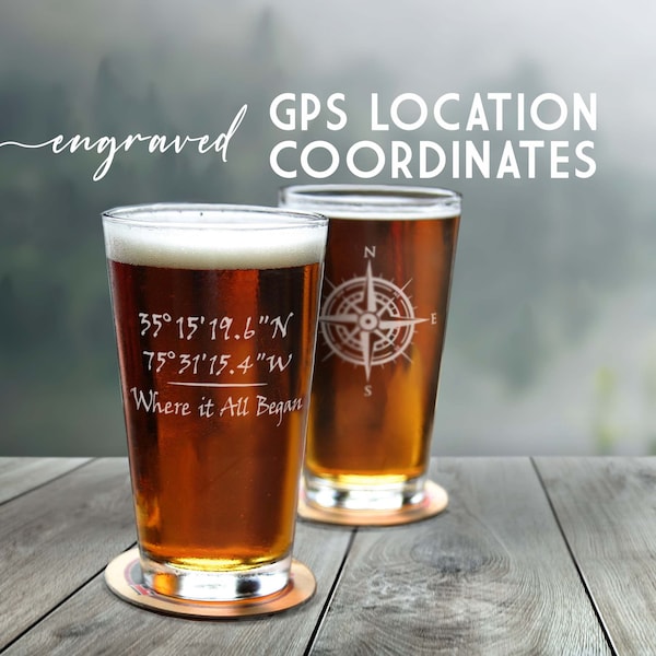 Coordinate Pint Glass With Compass GPS Latitude Longitude Personalized Custom Etched Engraved