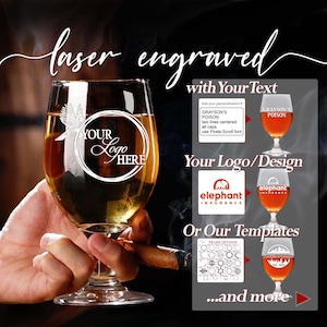 May include: Laser engraved glass with a design that says "Your Logo Here". The glass is being held by a hand. The image also shows examples of other designs that can be engraved on the glass, including a logo for "Elephant Insurance" and a design that says "Grayson's Poison".