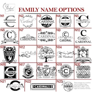 May include: A selection of family name options featuring the word "Cardinal" in various fonts and designs. The options include crests, monograms, and decorative elements, suitable for personalized products.