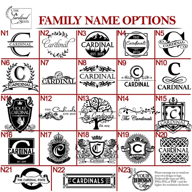 May include: A selection of family name options featuring the word "Cardinal" in various fonts and designs. The options include crests, monograms, and decorative elements, suitable for personalized products.