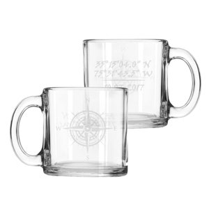 Personalized coffee mug glasses custom engraved with your design, logo or use any of our design templates. Perfect for coffee drinkers or as a military, retirement, wedding, groomsman or anniversary gift.