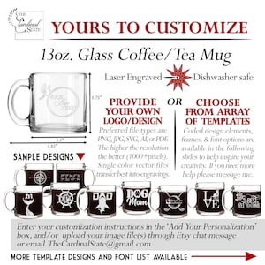 Personalized coffee mug glasses custom engraved with your design, logo or use any of our design templates. Perfect for coffee drinkers or as a military, retirement, wedding, bridesmaid, Mother's Day, Father's Day, or anniversary gift.