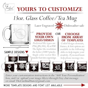 Personalized coffee mug glasses custom engraved with your design, logo or use any of our design templates. Perfect for coffee drinkers or as a military, retirement, wedding, groomsman or anniversary gift.