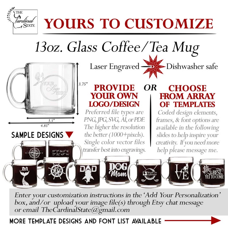 Personalized coffee mug glasses custom engraved with your design, logo or use any of our design templates. Perfect for coffee drinkers or as a military, retirement, wedding, bridesmaid, Mother's Day, Father's Day, or anniversary gift.