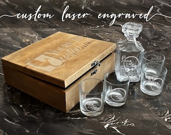 Whiskey Box, Decanter, 4 Glasses, Personalized, Custom, Gift Set, Retirement, Military, Promotional