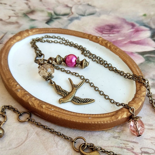 Antique Bronze Swallow Necklace, Victorian Lariat Necklace, Chain Y Necklace, Romantic and Vintage Style, Greek Design Jewelry, Gift for Her