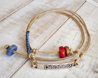 Peace Sign Bracelet For Women, Multi Strand Cord Casual Bracelet, Boho Hippie Style, Greek Design Jewelry, Friendship Bracelet