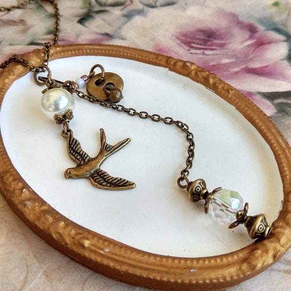 Swallow Lariat Necklace, Antique Bronze Y Necklace, Romantic and Vintage Style, Greek Design Jewelry, Gift for Her