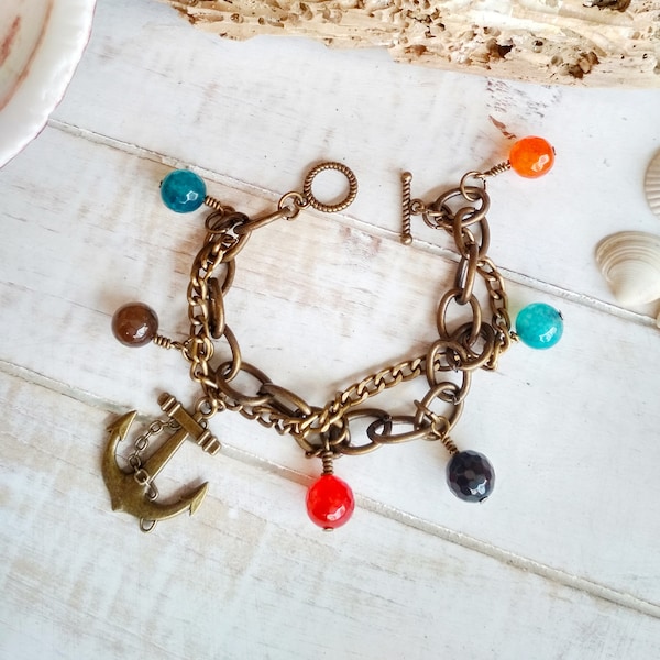 Women's Anchor Bracelet, Agate beaded, Antique Bronze Chained, Healing Gem Bracelet, Bijoux Boheme, Greek Design Jewelry, Gift for Her