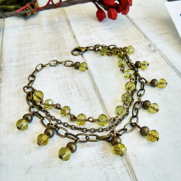 Multi Chain Bracelet Yellow Crystal Beaded, Antique Bronze Jewelry, Bohemian Gypsy, Bijoux Vintage, Greek Jewelry Design, Gift for Mother