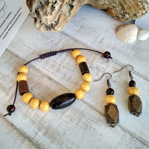 Summer Yellow Jewelry Set, Wood and Howlite Beaded Bracelet and Earrings, Healing Gem Jewelry, Bijoux Ethnique, Greek Jewelry, OOAK