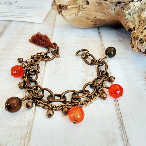 Agate Bracelet for Woman, Antique Bronze, Multi Chained, Healing Gem Bracelet, Bijoux Boheme, Greek Design Jewelry, Gift for Mother's Day