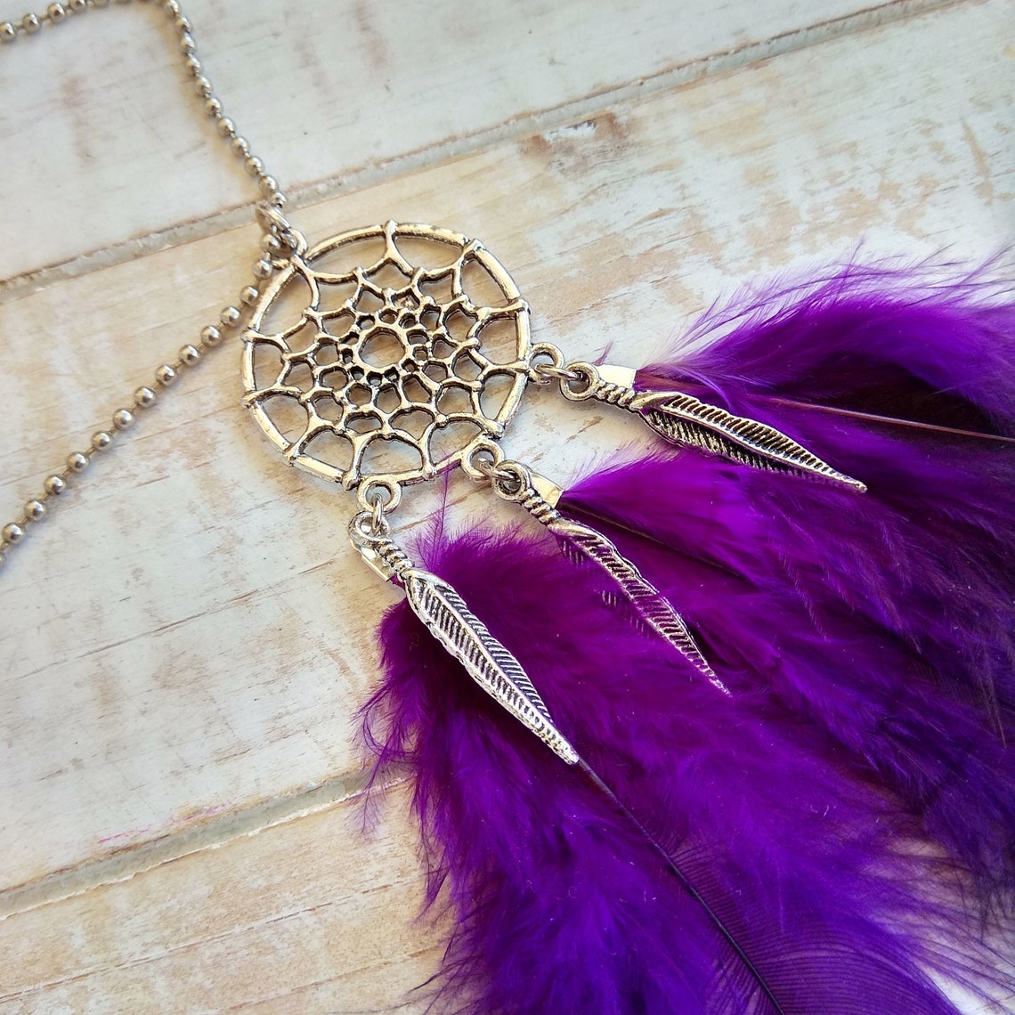 Silver Dreamcatcher Necklace Purple Feather Pendant Boho Etsy