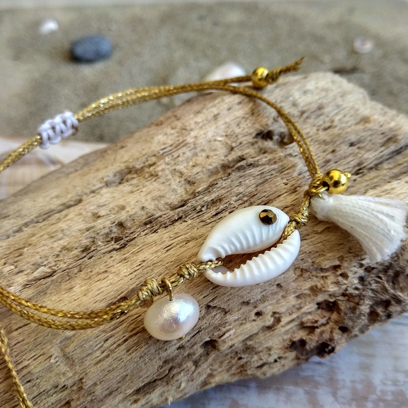 Elegant Sea Shell Bracelet White Cowrie Gold Cord Bracelet - Etsy