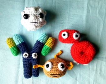 Crochet pattern 'plasma pals' set of 5 models, red blood cell, white blood cell, platelet, antibody
