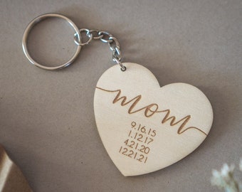 Mom Since Personalized Keychain with Dates, Mothers Day Gift, Custom Mom Key Ring, Personlised Mommy Key Chain, Laser Engraved Natural Wood