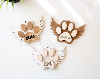 Angel Wings Dog Paw Ornament, Personalized, Christmas Ornament, Pet Cat, Ornament, Laser Cut, Wood, Handmade, Your Dog Name, Memory Ornament