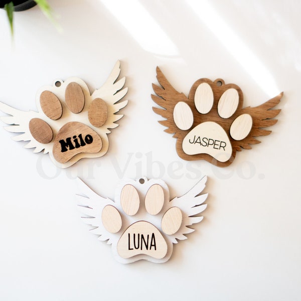 Ornamento della zampa del cane con ali d'angelo, personalizzato, ornamento di Natale, gatto domestico, ornamento, taglio laser, legno, fatto a mano, nome del tuo cane, ornamento della memoria