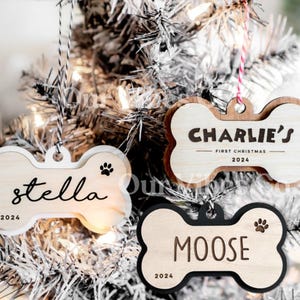 Personalized Dog Pet Ornament, Christmas Dog Bone Ornament, Pet Memorial Ornament, First Christmas Ornament, Wood, Handmade Gift Dogs Name