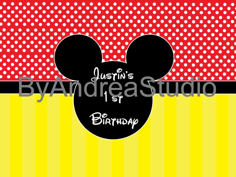 May include: A vibrant birthday design with a black Mickey Mouse head silhouette and the text "Justin's 1st Birthday." The background features red polka dots, yellow stripes, and the text "ByAndreaStudio."
