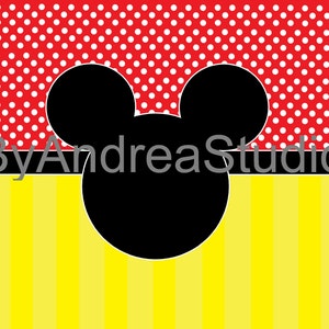 May include: A graphic design featuring a black silhouette of Mickey Mouse's head and ears. The background has a red polka dot pattern at the top, a yellow and white striped pattern at the bottom, and the text "ByAndreaStudio".