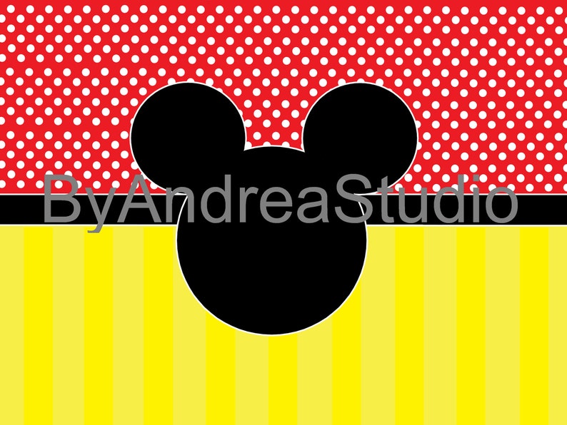 May include: A graphic design featuring a black silhouette of Mickey Mouse's head and ears. The background has a red polka dot pattern at the top, a yellow and white striped pattern at the bottom, and the text "ByAndreaStudio".
