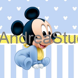 May include: A baby Mickey Mouse wearing a blue onesie with a yellow bib. The background is light blue with white polka dots and yellow and white stripes.