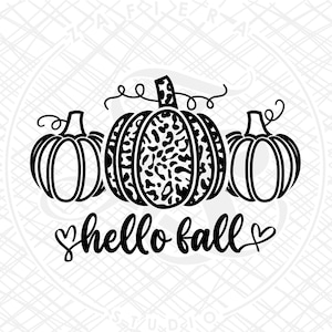 May include: Black and white graphic design featuring three pumpkins. The center pumpkin has a leopard print pattern. The text "hello fall" is written below the pumpkins.