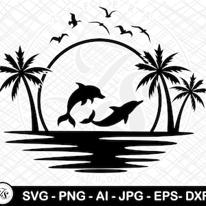 Dauphin Svg, Dauphin Palmier Coucher de Soleil, Palmiers Svg, Tropical, Vacances, Océan, Plage, Été, Mer Svg pour Cricut et Silhouette