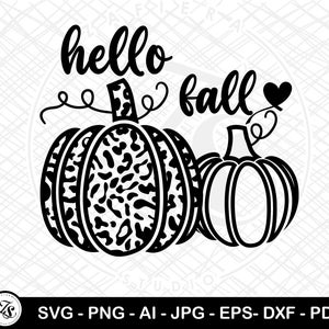 May include: Black and white graphic design featuring two pumpkins with the text "hello fall" and a heart.