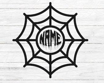 Puede incluir: Silueta en blanco y negro de una telaraña con la palabra "NAME" en una fuente de goteo dentro del círculo central.
