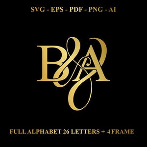 May include: Gold monogram logo design with the letters "BA" intertwined. The logo is set against a black background. The text "SVG - EPS - PDF - PNG - AI" and "FULL ALPHABET 26 LETTERS + 4 FRAME" are also included in the image.