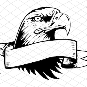 K&ouml;nnte beinhalten: Schwarz-Wei&szlig;-Illustration eines Adlerkopfes mit Banner. Der Adler ist das zentrale Element, mit detaillierten Schattierungen und einem starken Blick. Mehrere kleinere Adlersilhouetten sind im Hintergrund vorhanden.