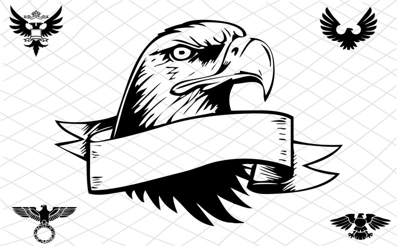 K&ouml;nnte beinhalten: Schwarz-Wei&szlig;-Illustration eines Adlerkopfes mit Banner. Der Adler ist das zentrale Element, mit detaillierten Schattierungen und einem starken Blick. Mehrere kleinere Adlersilhouetten sind im Hintergrund vorhanden.