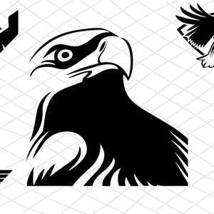 K&ouml;nnte beinhalten: Schwarz-Wei&szlig;-Illustrationen von Adlern. Das Bild zeigt ein detailliertes Profil eines Adlerkopfes sowie verschiedene andere Adlermotive, darunter ein geometrisches Emblem und einen fliegenden Adler in einer Raute. Die Designs sind vor einem wei&szlig;en, gitterf&ouml;rmigen Hintergrund angeordnet.