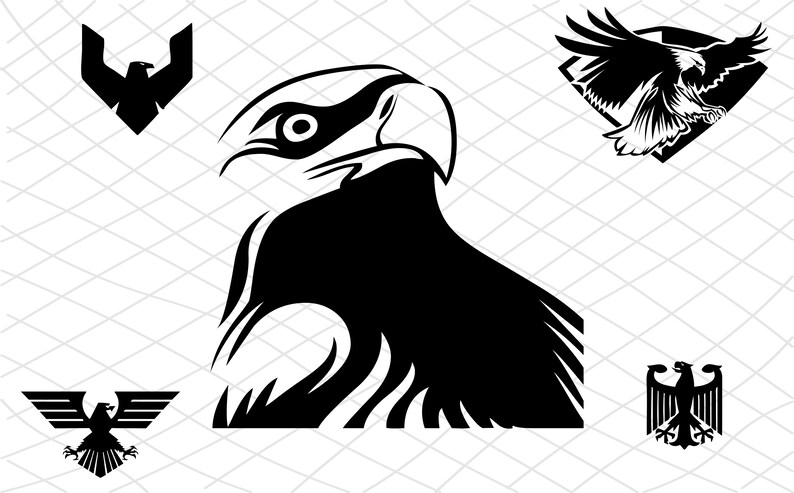 K&ouml;nnte beinhalten: Schwarz-Wei&szlig;-Illustrationen von Adlern. Das Bild zeigt ein detailliertes Profil eines Adlerkopfes sowie verschiedene andere Adlermotive, darunter ein geometrisches Emblem und einen fliegenden Adler in einer Raute. Die Designs sind vor einem wei&szlig;en, gitterf&ouml;rmigen Hintergrund angeordnet.