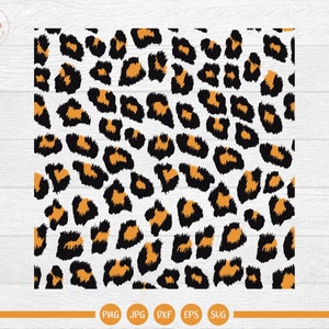 May include: A seamless pattern featuring a leopard print design. The background is white with black and orange spots.