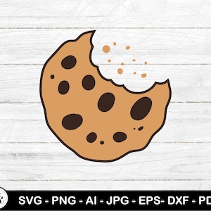 May include: A cartoon illustration of a chocolate chip cookie with a bite taken out. The cookie is light brown with dark brown chocolate chips and a dark brown outline. The background is white with a wood grain pattern. The bottom of the image has the text "SVG - PNG - AI - JPG - EPS- DXF - PDF".