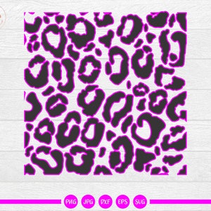 May include: A seamless pattern featuring a leopard print design. The background is white and the leopard spots are black with a bright pink outline.