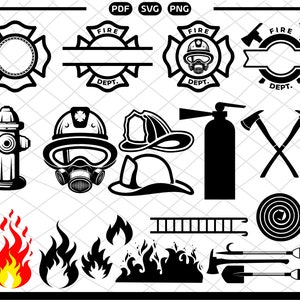 Peut inclure: Ensemble de clipart sur le thème des pompiers en noir et blanc. Comprend une bouche d'incendie, un casque de pompier, un masque à gaz, un extincteur, une échelle, une hache, un tuyau, des flammes et un badge de pompier.