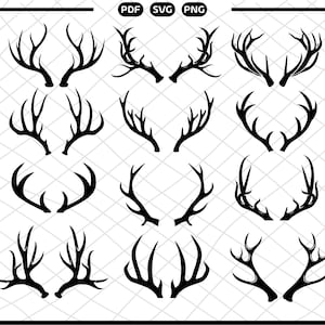 May include: A set of 12 black silhouette images of deer antlers. The antlers are in various shapes and sizes, with some having a more rounded shape and others having a more pointed shape.