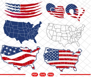 May include: A set of digital cut files featuring various designs of the American flag. The designs include a brushstroke flag, a heart-shaped flag, a simple outline of the United States, a blue and white map of the United States, and two versions of the United States with the flag design overlaid on the map.
