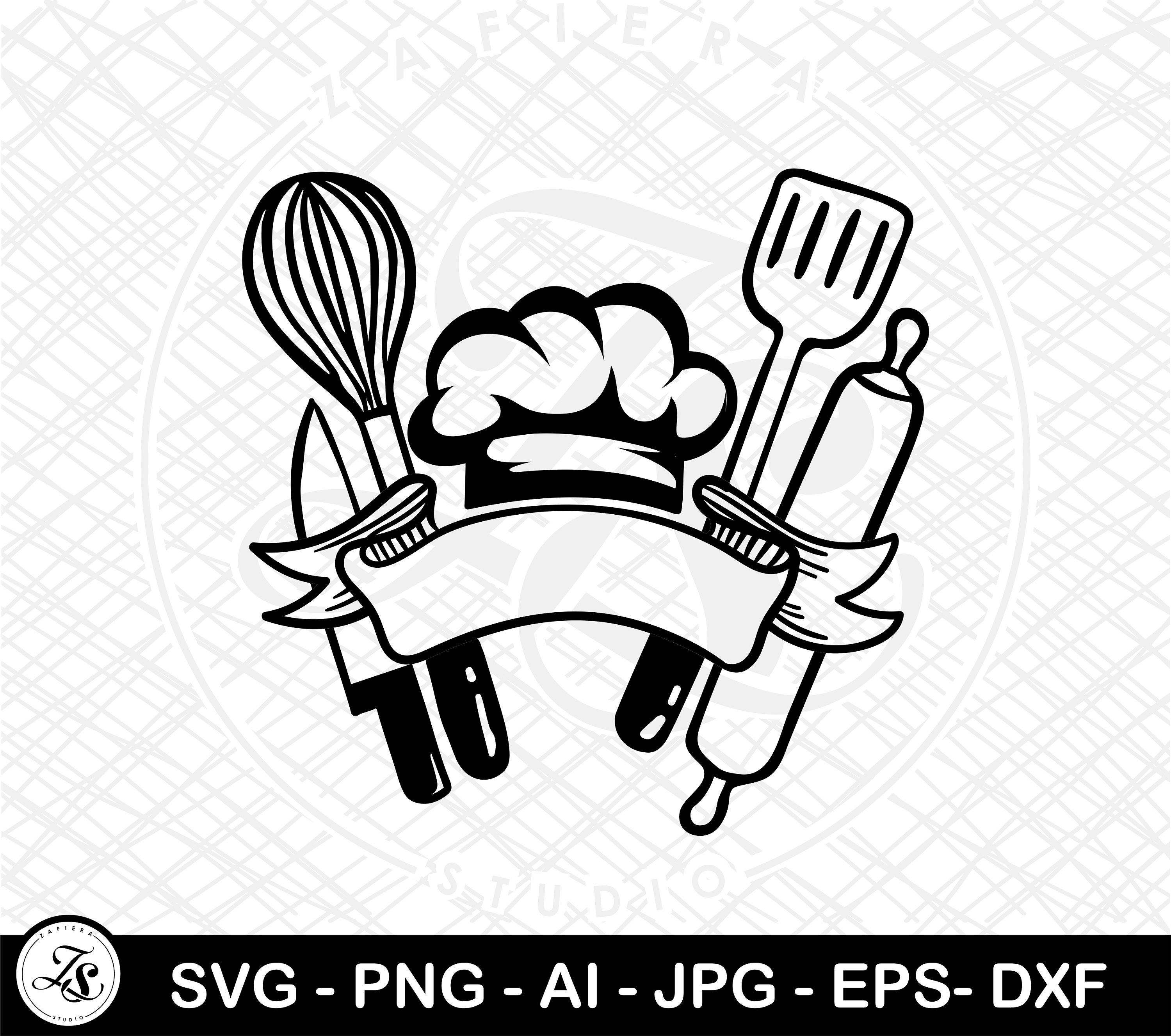 Chef And Many Tools For Cooking Royalty Free SVG, Cliparts