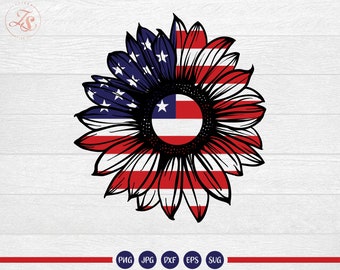 Patriotic Sunflower Svg, American Flag Svg, 4th of July Svg, USA Svg, Amerika Svg, Girls, Memorial Day Cut File für Cricut und Silhouette