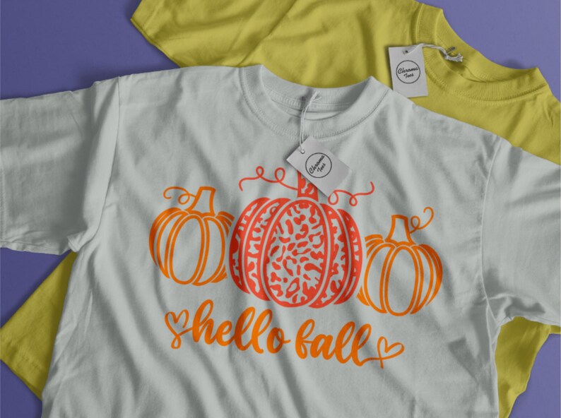May include: White t-shirt with an orange and red graphic design of three pumpkins and the text "hello fall".