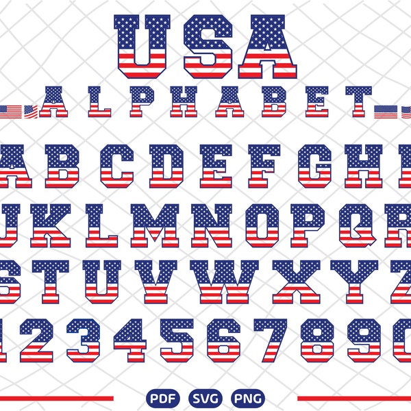 USA FLAG ALFABET Svg, Amerika Alfabet, Amerikaans lettertype, Amerikaanse vlag lettertype Svg, Amerikaans alfabet en cijfers Svg voor Cricut