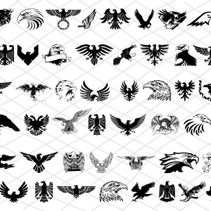 K&ouml;nnte beinhalten: Eine Sammlung von Schwarz-Wei&szlig;-Adler-Illustrationen in verschiedenen Stilen. Die Bilder zeigen Adler mit ausgebreiteten Fl&uuml;geln, heraldischen Designs und detaillierten Kopfportr&auml;ts. Geeignet f&uuml;r Grafikdesign-Projekte.