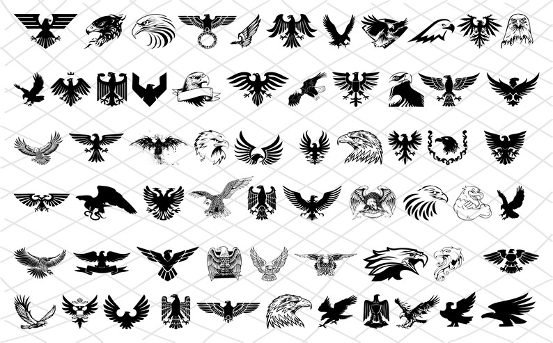 K&ouml;nnte beinhalten: Eine Sammlung von Schwarz-Wei&szlig;-Adler-Illustrationen in verschiedenen Stilen. Die Bilder zeigen Adler mit ausgebreiteten Fl&uuml;geln, heraldischen Designs und detaillierten Kopfportr&auml;ts. Geeignet f&uuml;r Grafikdesign-Projekte.