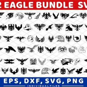 K&ouml;nnte beinhalten: Eine Sammlung von 62 schwarzen Adler-Designs auf wei&szlig;em Hintergrund. Die Designs variieren, darunter Silhouetten, detaillierte Illustrationen und heraldische Embleme. Der Text oben lautet "62 EAGLE BUNDLE SVG" und unten "EPS, DXF, SVG, PNG".